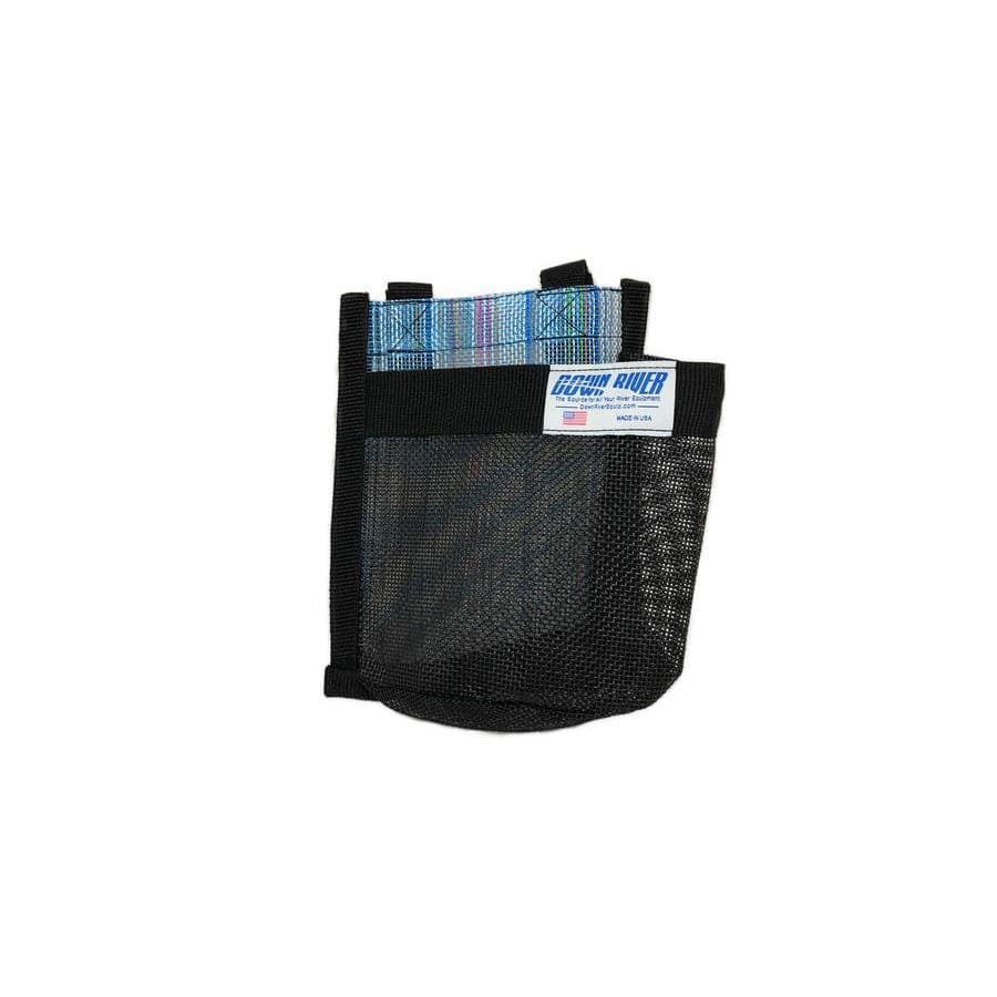 The Down River Equipment Drink Holder is a black mesh pocket with a blue top stripe, Velcro straps for easy attachment, and a label on the upper right corner, ideal for boat accessories.