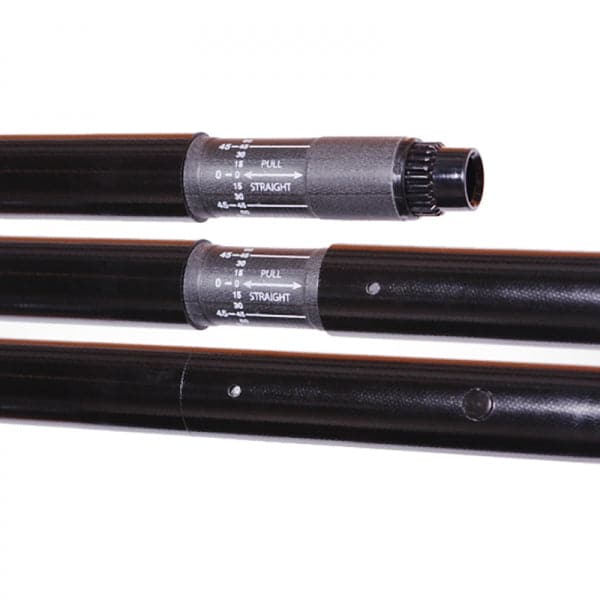 Three black carbon fishing rod sections feature pull and straight adjustment markings, similar to the precision of a Werner Paddles Shuna.