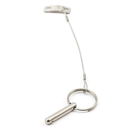A Coyote River Gear Bimini Snap Pin with Leash (old style) features a silver metal cable with a loop on one end and a pin fixed on a ring at the other.