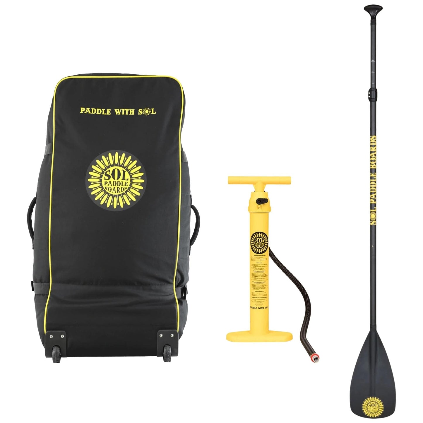 Inflatable SUP accessories including a SOLshine black backpack with the SOL logo, a manual air pump, and a paddle, displayed on a white background.