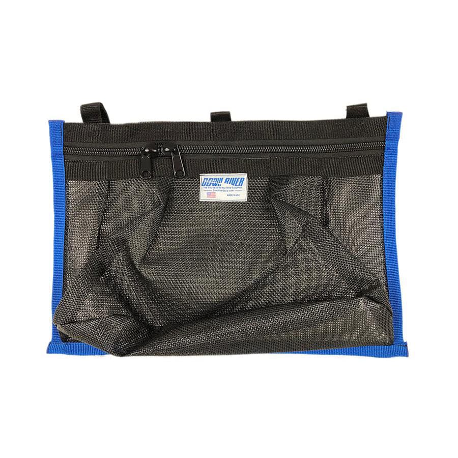 The Down River Equipment Stash Pocket is a black and blue mesh zipper pouch with durable construction, multiple compartments, a stash pocket, and a small label.