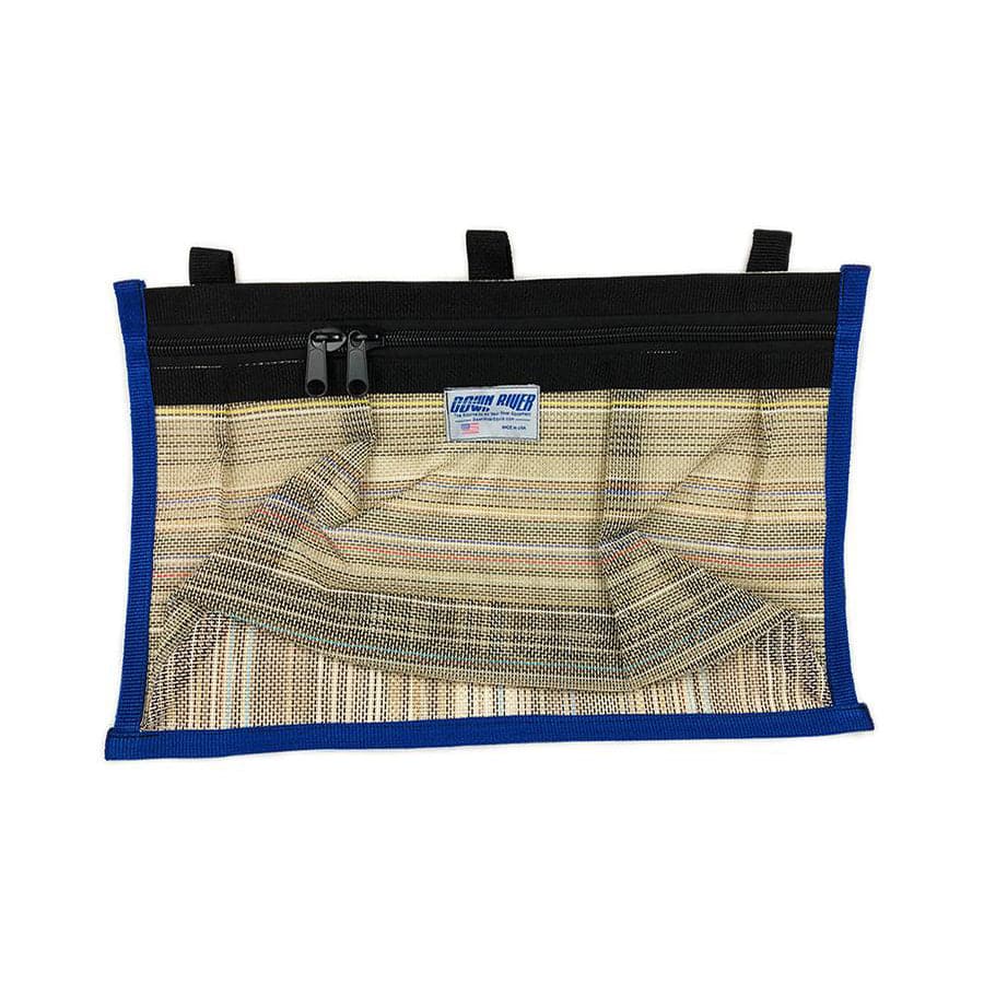 The Down River Equipment Stash Pocket is a durable mesh organizer pouch featuring a black and blue border, zipper closure, and a handy stash pocket for easy access to small items.
