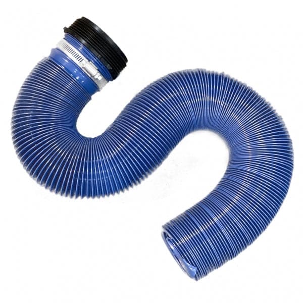 The Coyote Camp Toilet Replacement Hose Assembly by Coyote River Gear is a blue flexible hose with accordion-like ridges forming an S-shape. It features black and white connectors on one end and a secure screw fitting for easy installation, making it ideal as a replacement for the camp toilet system.