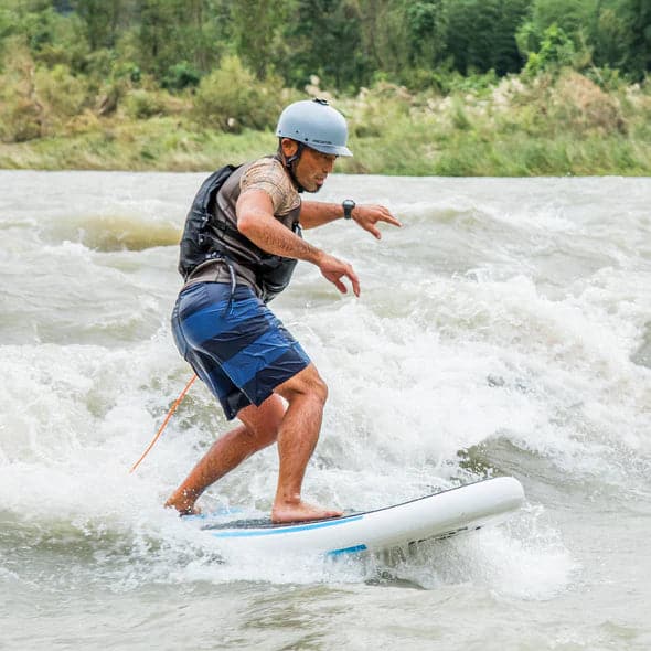 Featuring the Wavo Wiki beginner sup, river surfing, whitewater sup manufactured by Badfish shown here from a fifth angle.