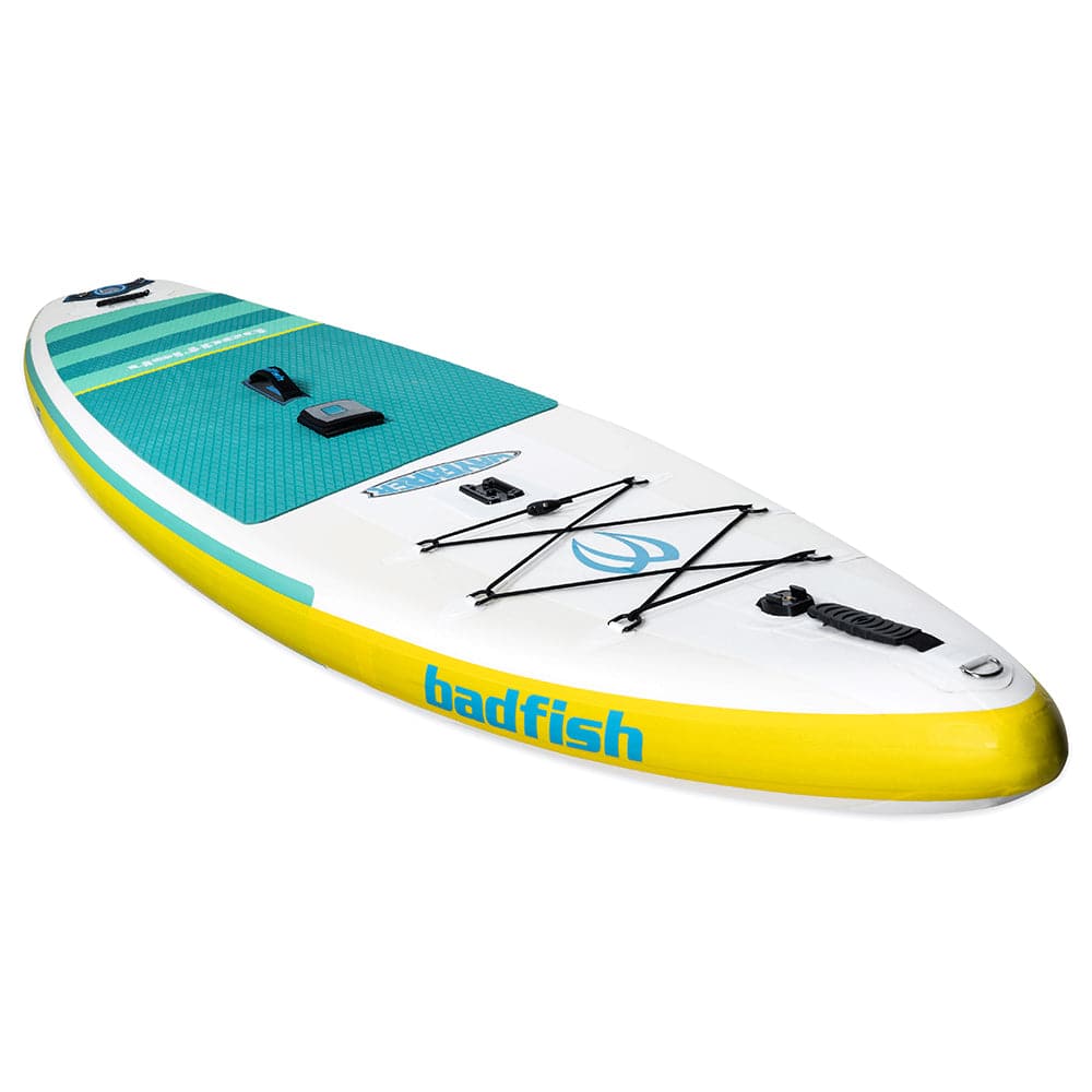 Featuring the Wayfarer Package inflatable sup manufactured by Badfish shown here from a third angle.