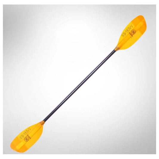 The Sherpa 2-Piece Kayak Paddle by Werner Paddles features yellow breakdown blades on both ends, a black shaft, and branding near the blades, against a white background.