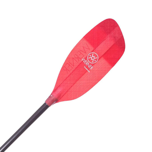 The Werner Paddles Powerhouse Fiberglass is a red kayak paddle with a black shaft, featuring the brand logo on the blade and a balanced design perfect for river running.