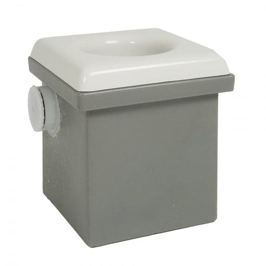 Coyote River Gear's Portable Camp Toilet System II includes a versatile gray and white square electrical junction box with a side knob, suitable for various installations.