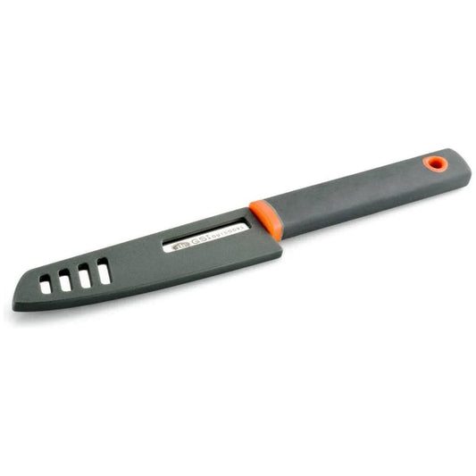 The GSI Outdoors Santoku Knife features a gray design with an orange accent and stainless steel blade, complete with a protective sheath that includes ventilation slots.