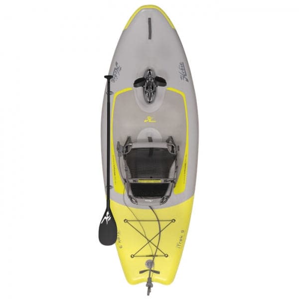 Featuring the Mirage iTrek 9 inflatable kayak, pedal drive kayak manufactured by Hobie shown here from a second angle.
