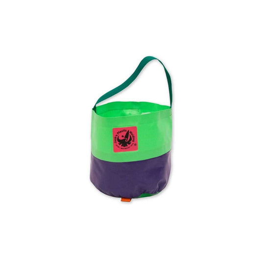 A green and purple collapsible water bucket from Jacks Plastic Welding, crafted from durable PVC raft material, features a convenient handle and a red logo patch. This foldable design ensures easy storage and versatility.