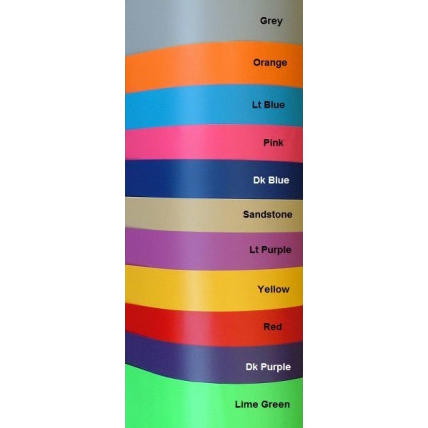 Color chart with 12 bands: Grey, Orange, Lt Blue, Pink, Dk Blue, Sandstone, Lt Purple, Yellow, Red, Dk Purple, Lime Green—ideal for choosing shades to match Jacks Plastic Welding's waterproof PVC Full Paco Pad or self-inflating air valve gear.