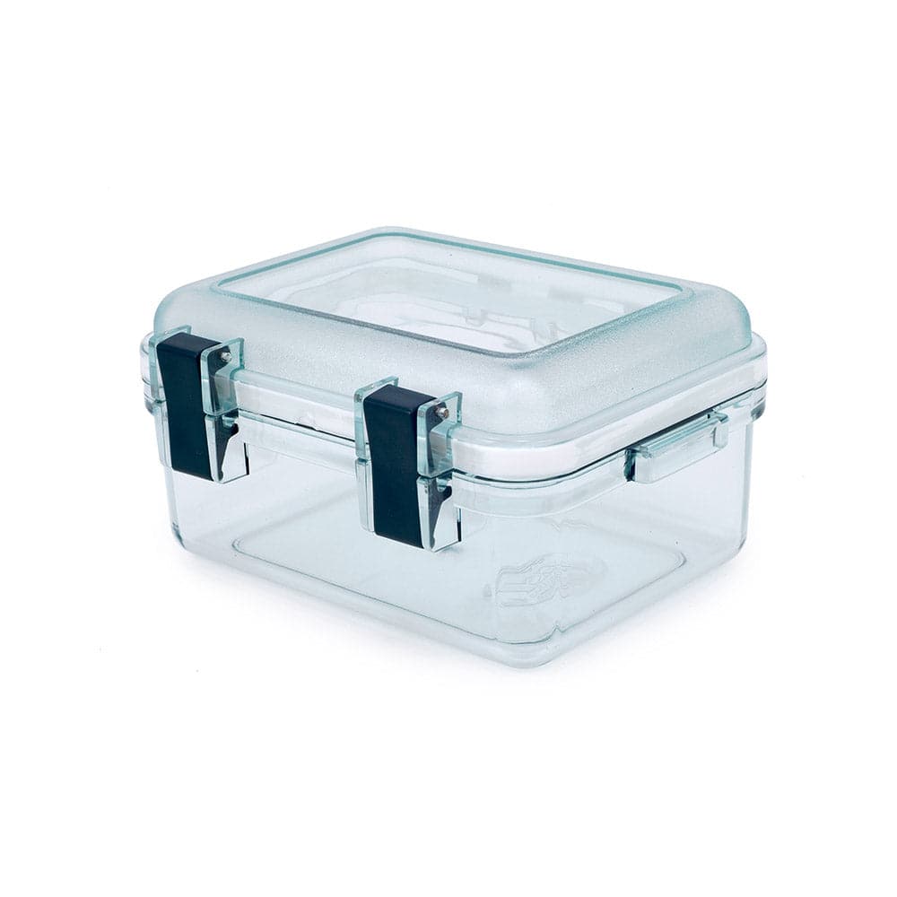 The GSI Outdoors Lexan Gear Box is clear and rectangular, featuring a durable build with a hinged lid and two front black latches to keep items secure.