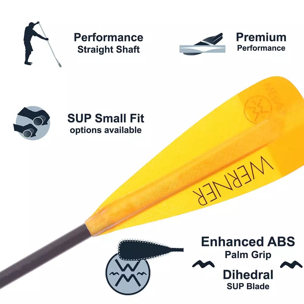 The image showcases a Werner Paddles Session Solid Shaft Whitewater SUP Paddle in yellow, perfect for whitewater enthusiasts. It features a Performance Straight Shaft, Small Fit options, fiberglass blade construction for Premium Performance, Enhanced ABS Palm Grip, and Dihedral SUP Blade for superior handling.