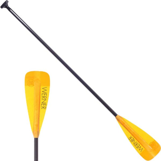 Two Werner Session Solid Shaft paddles with orange blades, black shafts, and T-grips are perfect for whitewater SUP adventures due to their durable fiberglass construction.