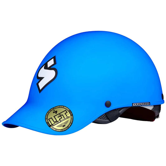 The Strutter Helmet by Sweet Protection, in blue with a black "S" logo and a gold ILFT certification sticker, offers durability and performance with its Long Fiber Thermoplastic design, comparable to a whitewater helmet, for cycling adventures.