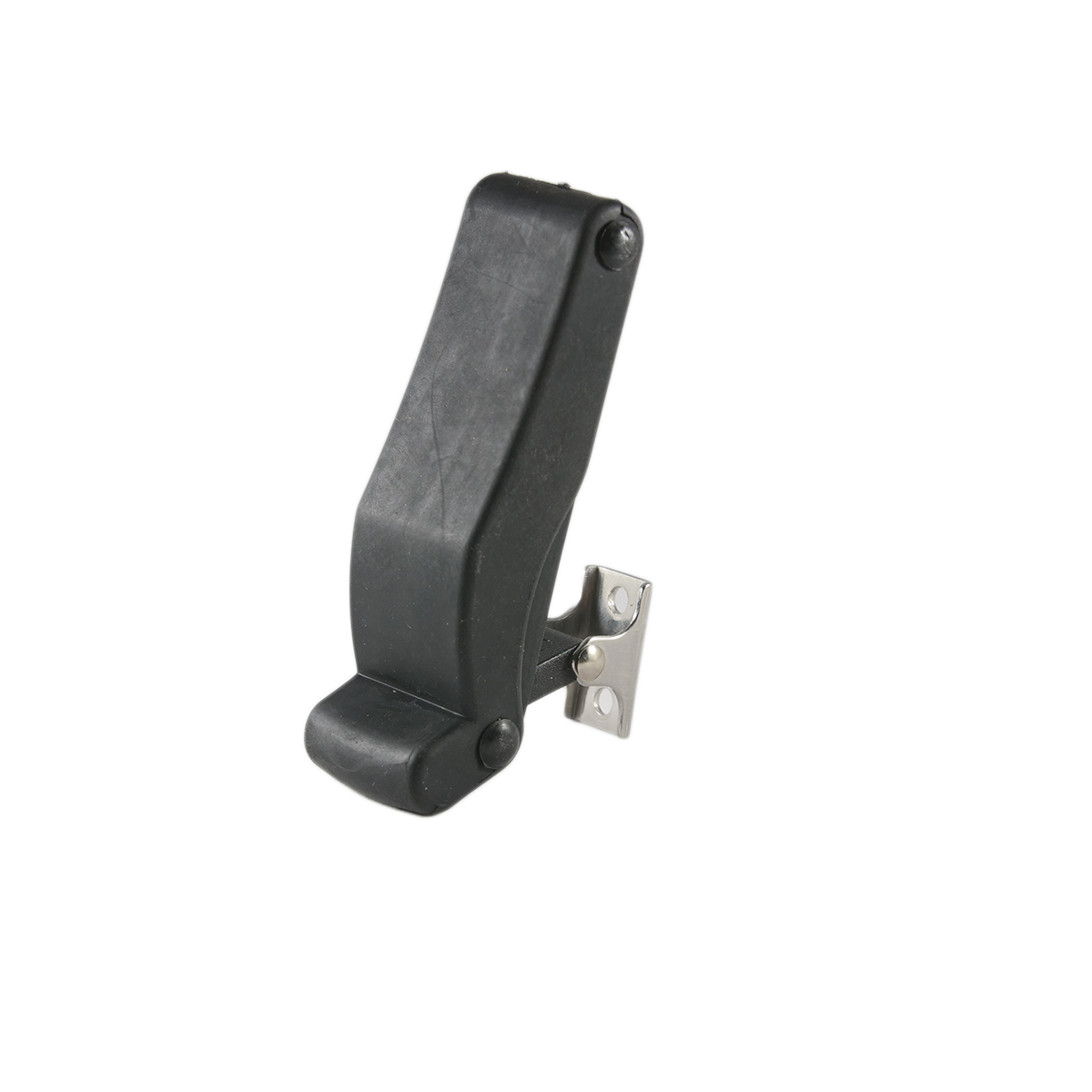 A black plastic clip with a metal hinge, the Canyon Spare Latch from Canyon Coolers, designed for securing objects, stands upright against a plain gray background.