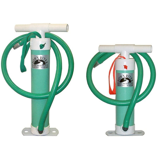 Down River Equipment's two green manual 4in Barrel Pumps, available in tall or short versions, include coiled Tigerflex hoses, T-shaped handles, and printed logos. The tall model highlights a robust design and dependable functionality.