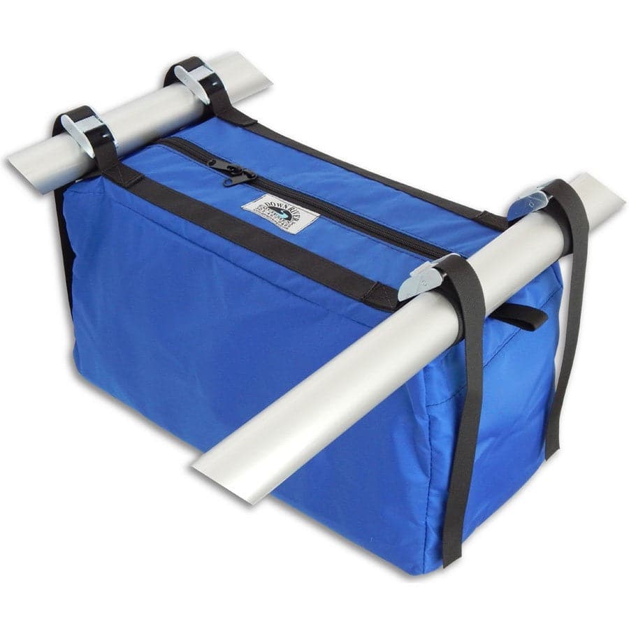 The Captain's Bag by Down River Equipment is made from durable pack cloth, featuring a front zipper and two horizontal metal bars on top.