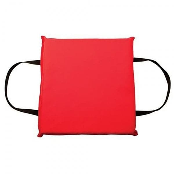 The Down River Equipment Throwable Cushion - Type IV, a red flotation device with black handles, is expertly designed and US Coast Guard Approved for safety.