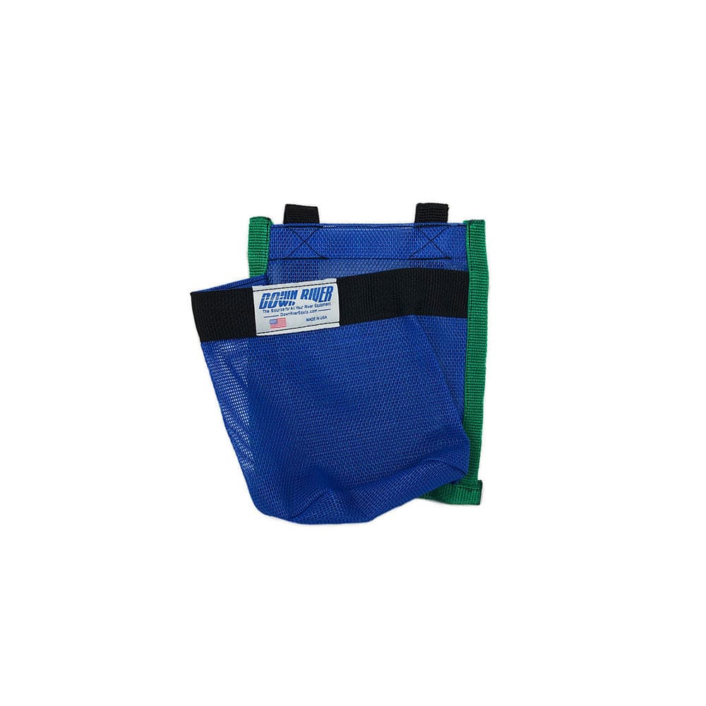 The Down River Equipment Drink Holder is an essential boat accessory, featuring two blue mesh bags with green and black Velcro straps and a white label with text.