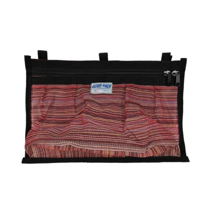 The Stash Pocket by Down River Equipment is a woven fabric pouch with a vibrant striped design, featuring one main compartment and an additional stash pocket for organizing your essentials.