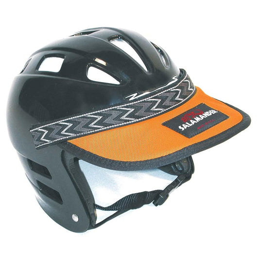 The sleek black Beak Helmet Visor by Salamander features an orange visor, ventilation holes, and a sturdy black strap. The "Salamander" logo on the front ensures style and safety with advanced closed-cell foam protection.