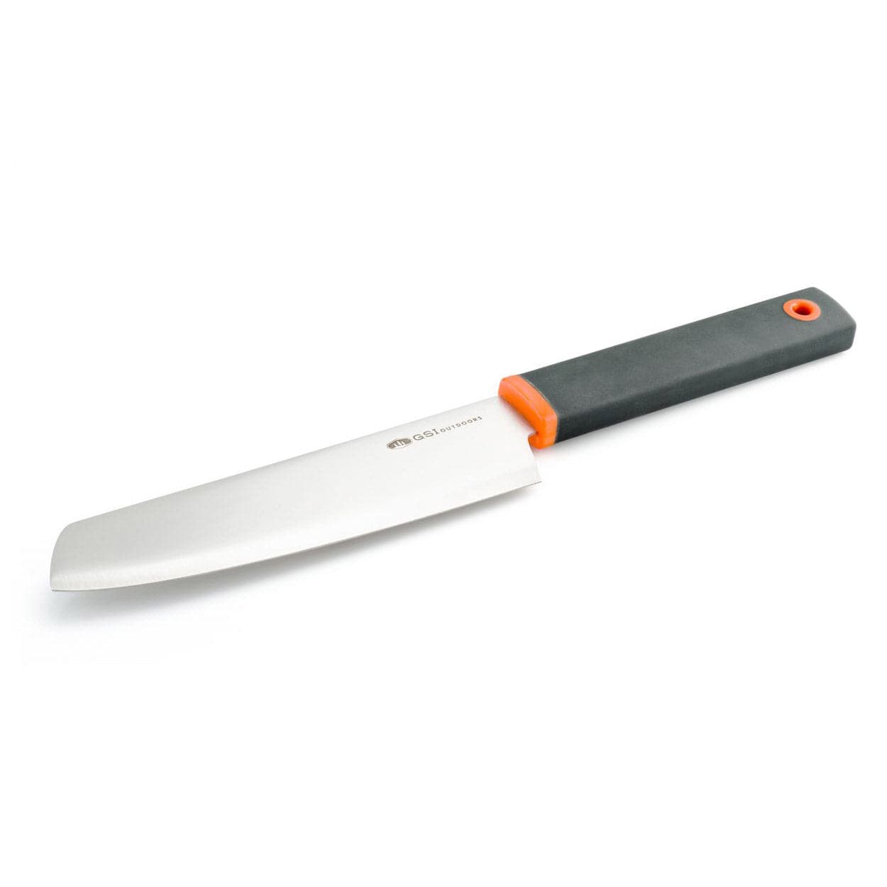 The GSI Outdoors Santoku Knife has a wide, flat stainless steel blade with a black handle featuring an orange accent and comes with a protective sheath.