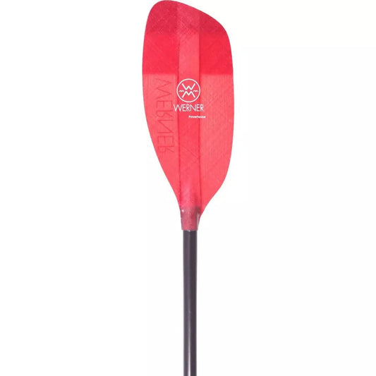 The Powerhouse Fiberglass by Werner Paddles features a red blade with the Werner logo and text on a black shaft. Designed for optimal balance in whitewater kayaking, this paddle is perfect for river running. Set against a white background, it embodies precision and style for dedicated paddlers.