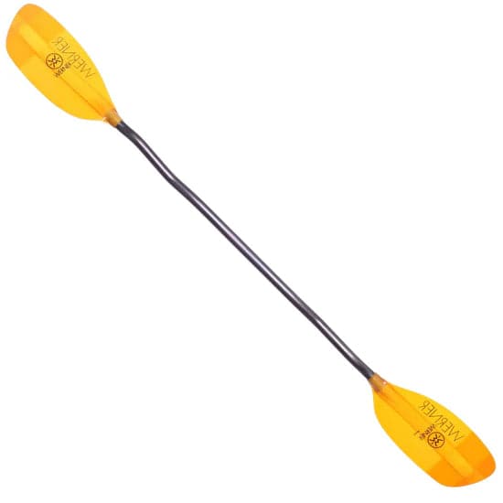 The Werner Paddles Sherpa is displayed with yellow double blades and a black shaft on a white background. Designed for river running, this durable whitewater kayak paddle offers exceptional performance in challenging waters.
