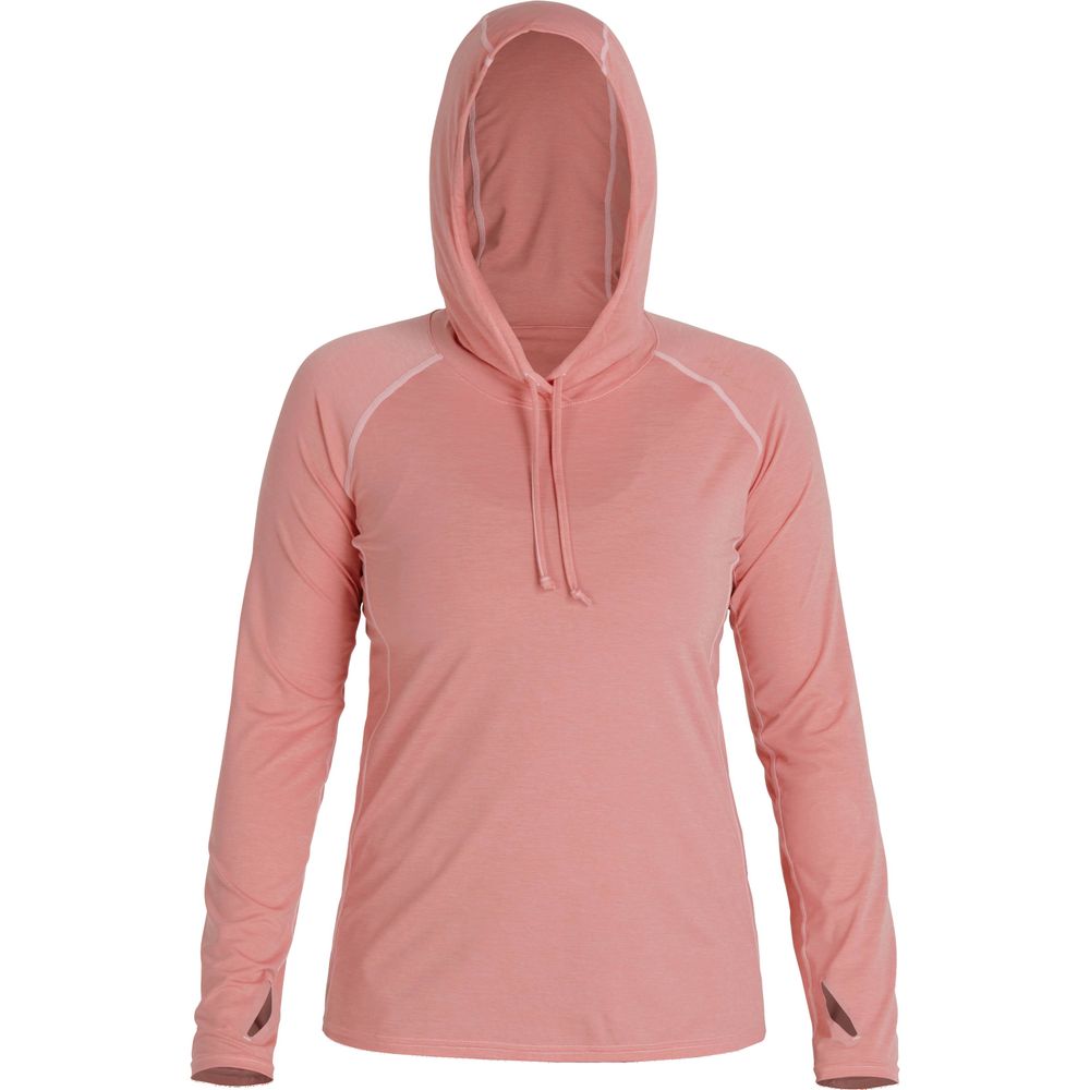 A pink long-sleeve hoodie with a drawstring hood and thumbholes in the sleeves, displayed against a white background.