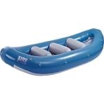 A blue inflatable raft with three grey cylindrical seats.