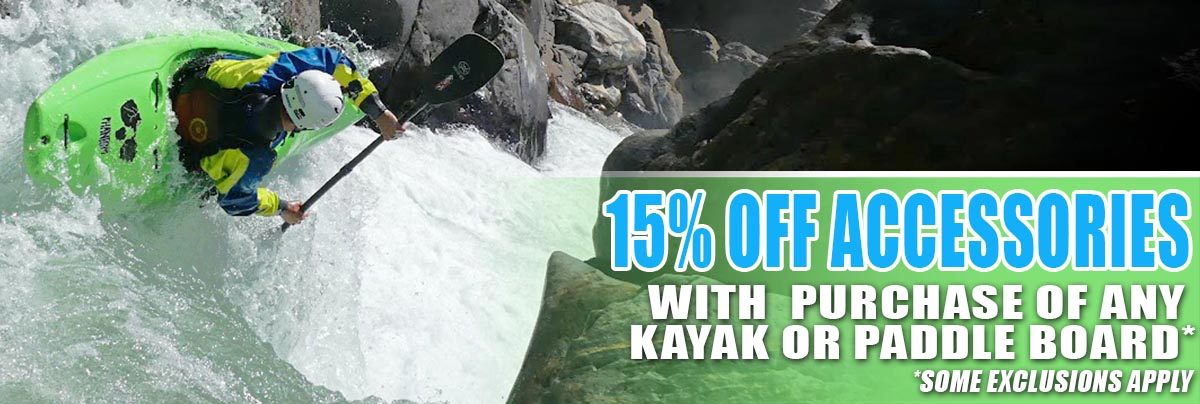 A kayaker paddles through whitewater rapids. Text overlay: "15% off accessories with purchase of any kayak or paddle board. Some exclusions apply.