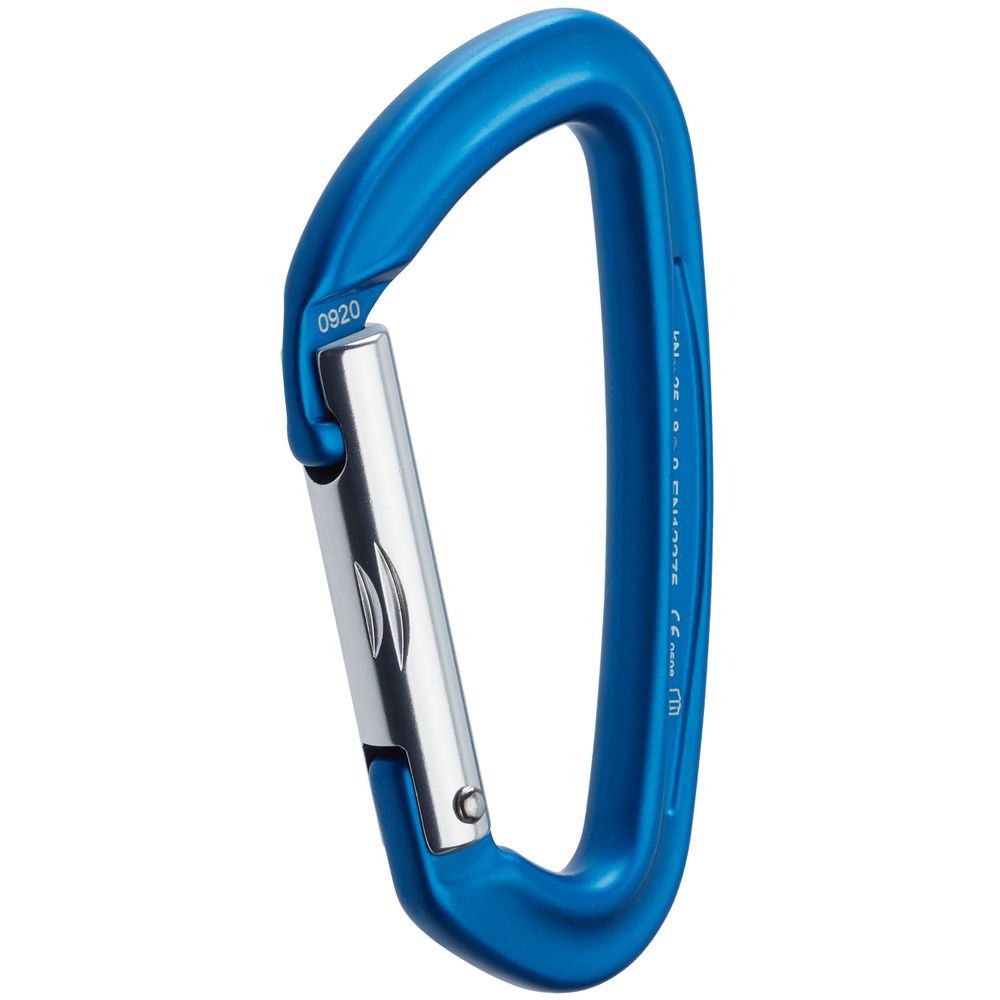 A blue metal carabiner with a silver gate, shown against a white background.