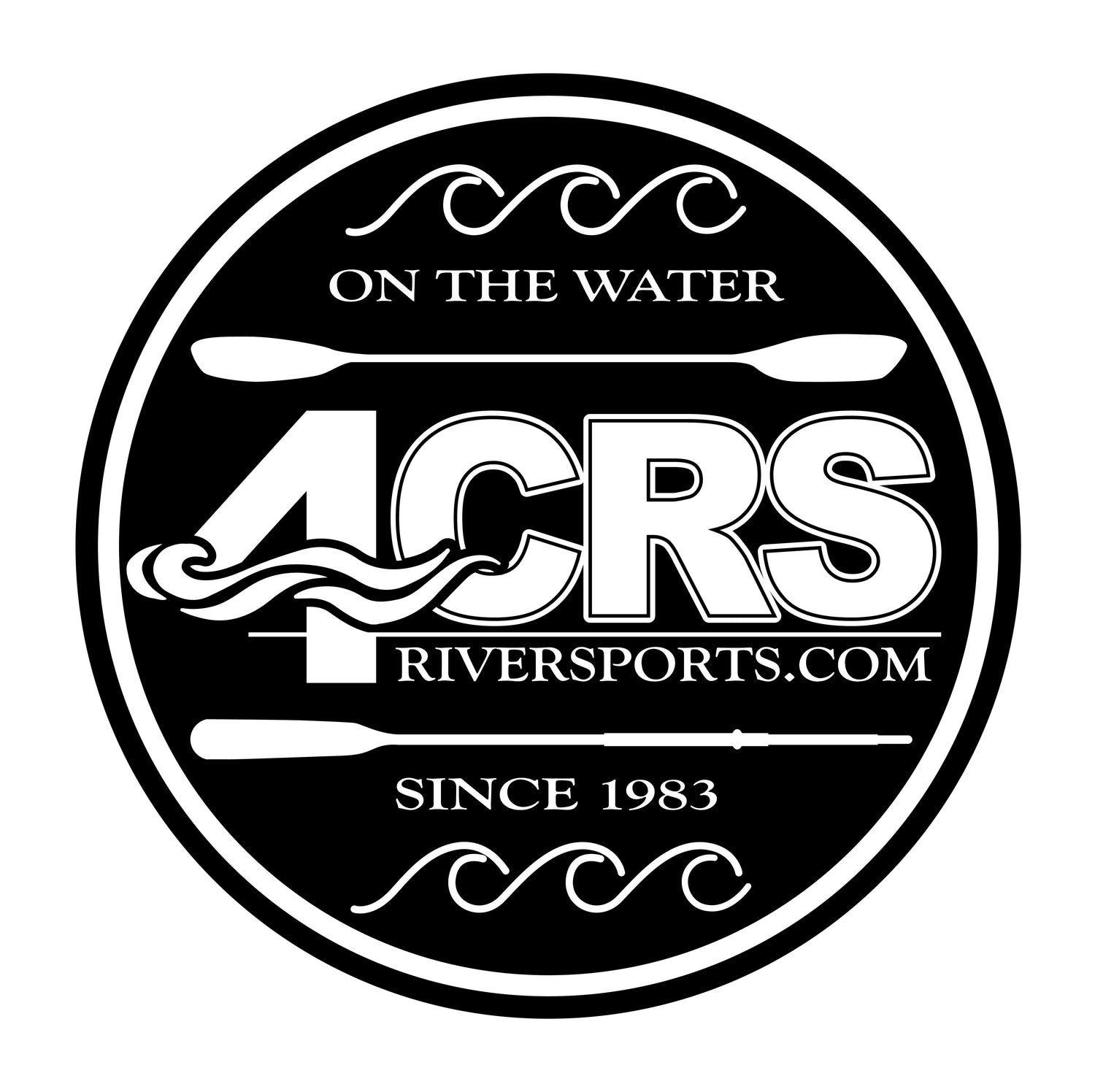 Black and white logo for 4CRS RiverSports featuring paddles, waves, the words "On the Water," "SINCE 1983," and the website address riversports.com.