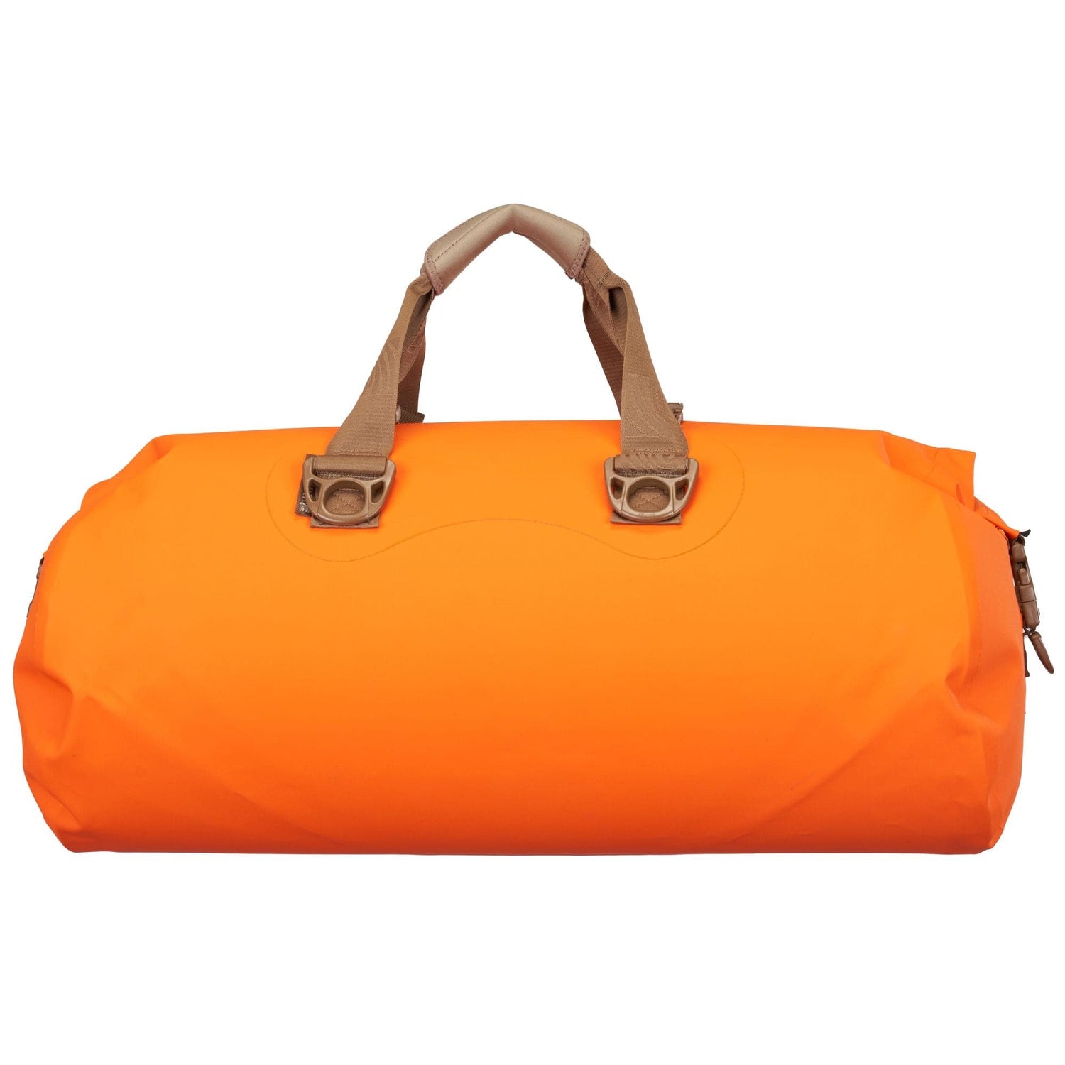 Bright orange duffel bag with beige handles and buckles, photographed against a white background.
