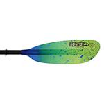 Image of a kayak paddle blade in blue and green shades with a black shaft. The blade shows a brand logo.
