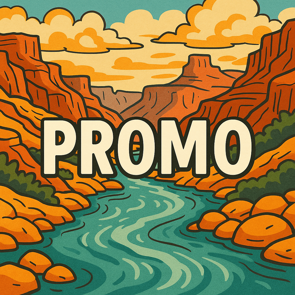 Illustration of a river flowing through a canyon with orange rock formations under a cloudy sky, featuring the word "PROMO" in large bold letters in the center.