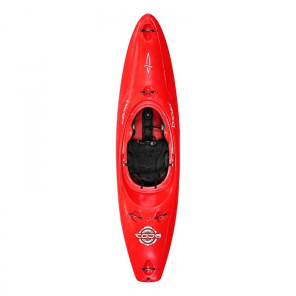 A red kayak on a white background.