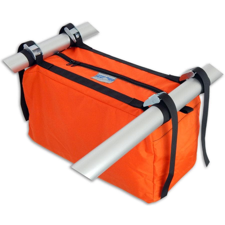 Bright orange rectangular bag with a zippered top, attached to two parallel silver metal bars with black straps.