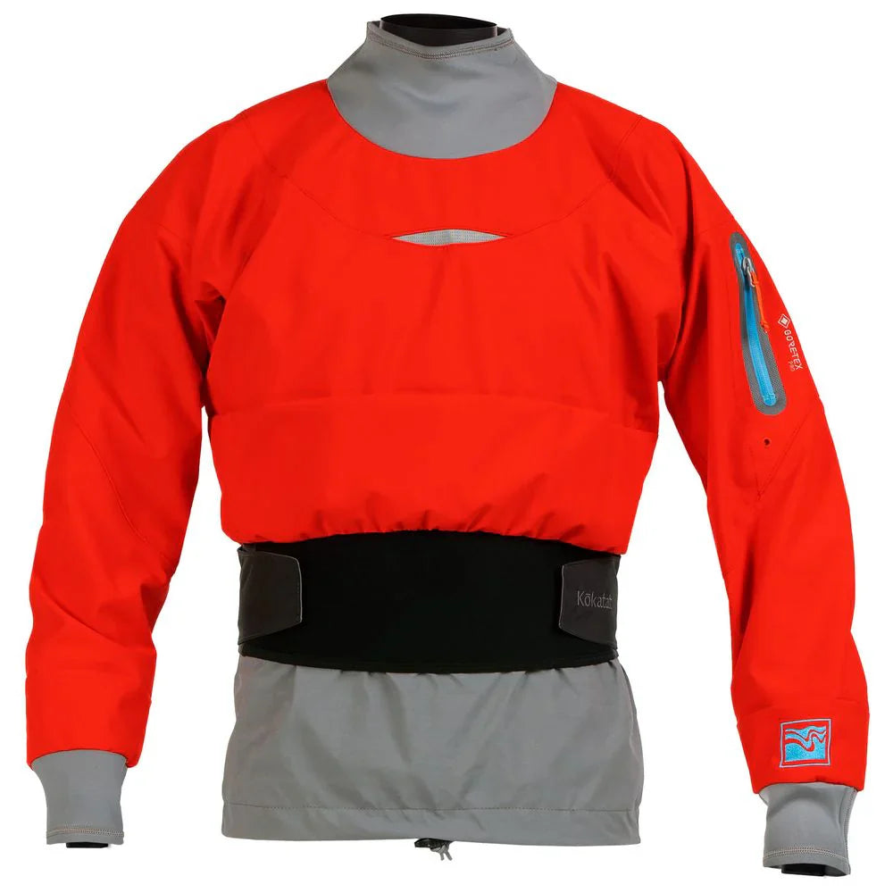 A red and gray waterproof paddling jacket with a high neck, long sleeves, a zippered arm pocket, and an adjustable black waistband.