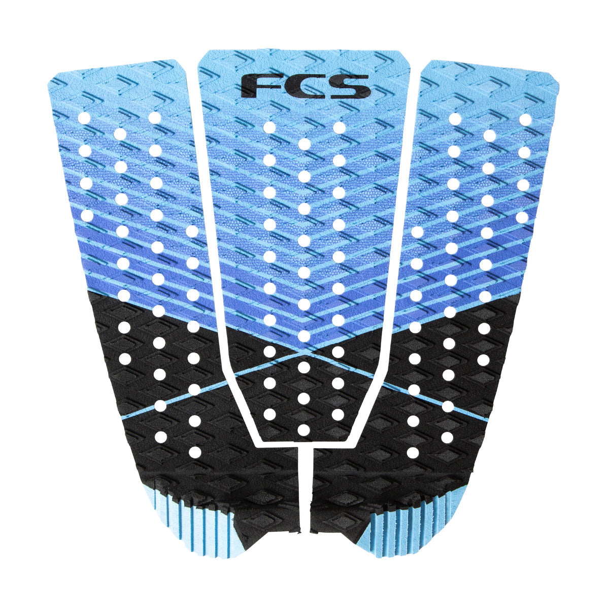 Three-piece blue and black surfboard traction pad with white dots and the "FCS" logo on the top center.