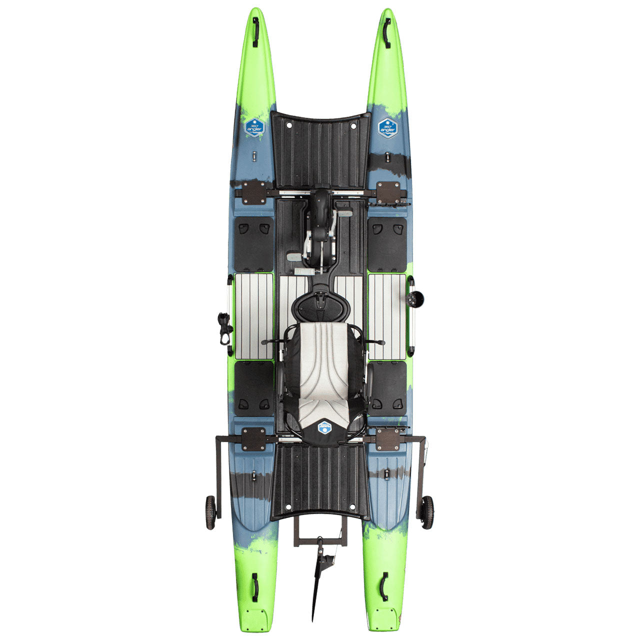 Top view of a blue and green fishing kayak with twin hulls and a mounted seat, featuring various gear storage compartments and accessories.