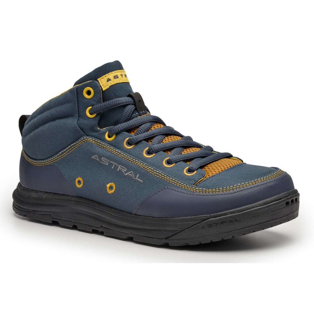 A blue and yellow hiking shoe with dark gray laces, featuring a high ankle design and the brand name "Astral" on the side.