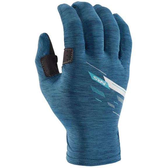 A blue cycling glove with black reinforced fingertips and a white graphic design on the back.