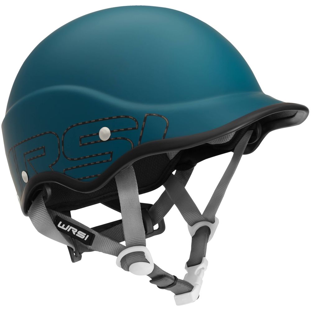 A teal WRSI rescue helmet with a black reinforced edge and a grey adjustable chin strap.