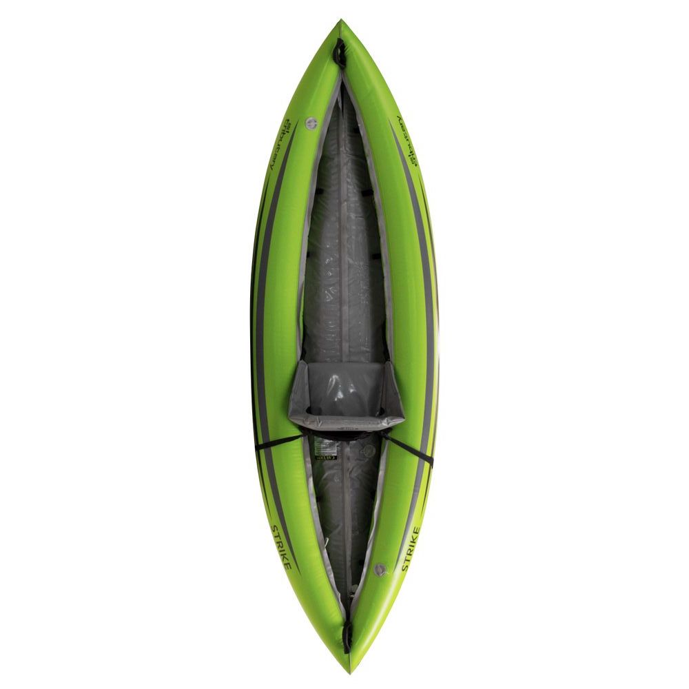 Top view of a green inflatable kayak with black accents and a grey interior, designed for a single paddler.