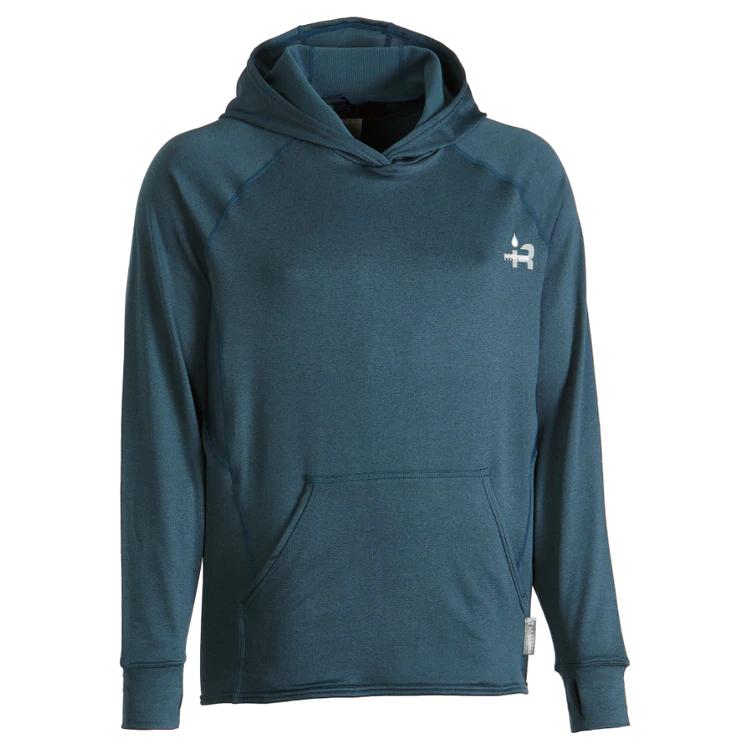 A teal long-sleeve hoodie with a front pocket and small logo on the left chest.