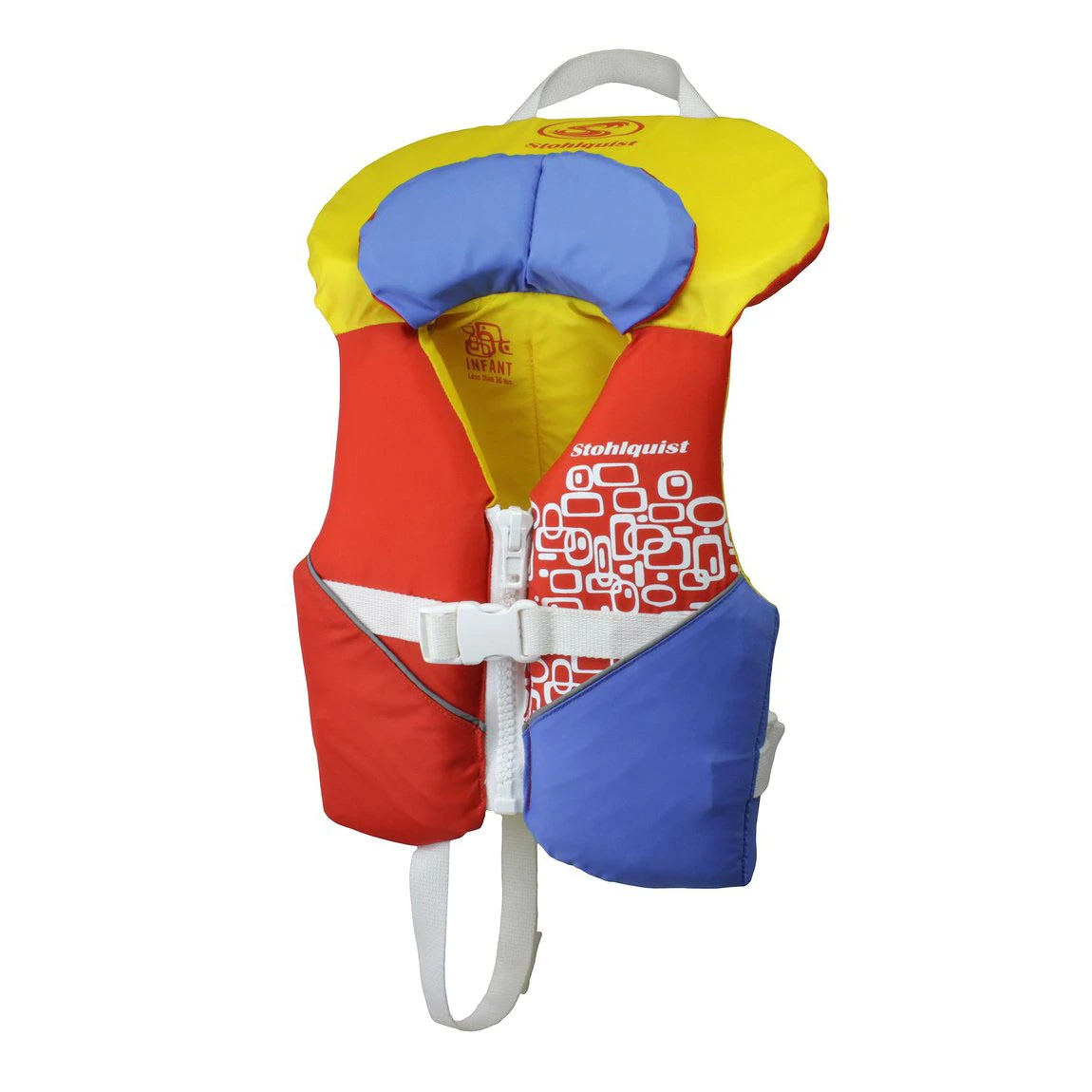 A multicolored infant life jacket with yellow, blue, red, and white segments, featuring adjustable straps and a buckle for securing.