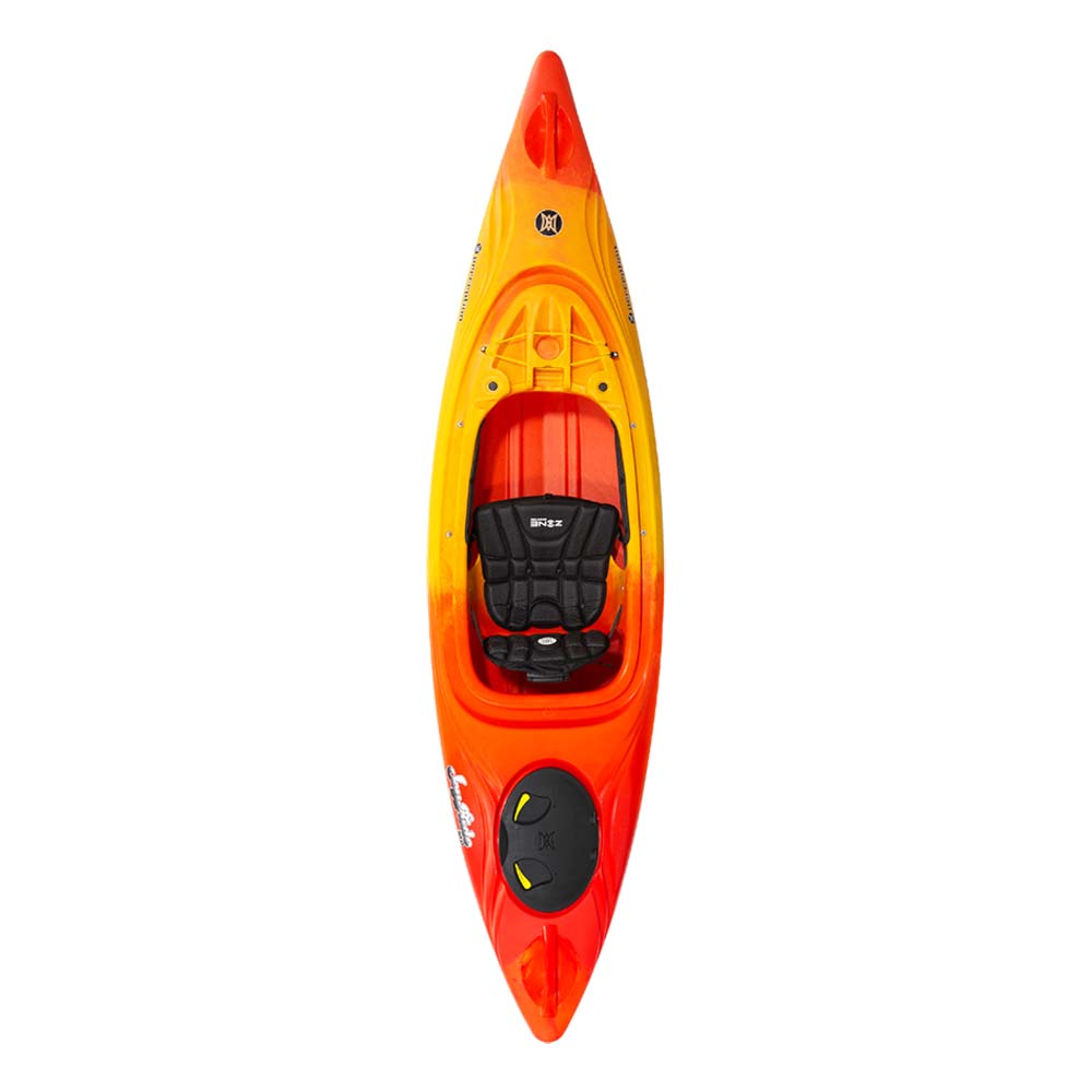 Top view of a single-seat kayak with a vibrant red-to-yellow gradient color scheme, featuring a central padded seat and footrests.